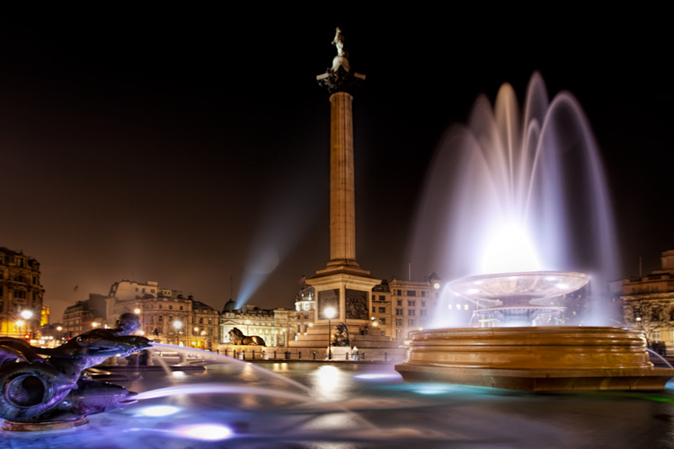 Trafalgar Square in London at night
